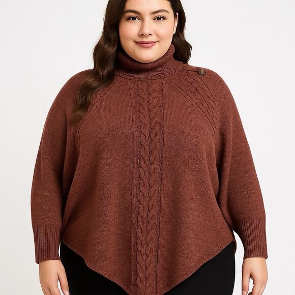 Shein Curve 2XL Poncho Sweater Burgundy Turtleneck Cable Knit Button Detail - Picture 1 of 16
